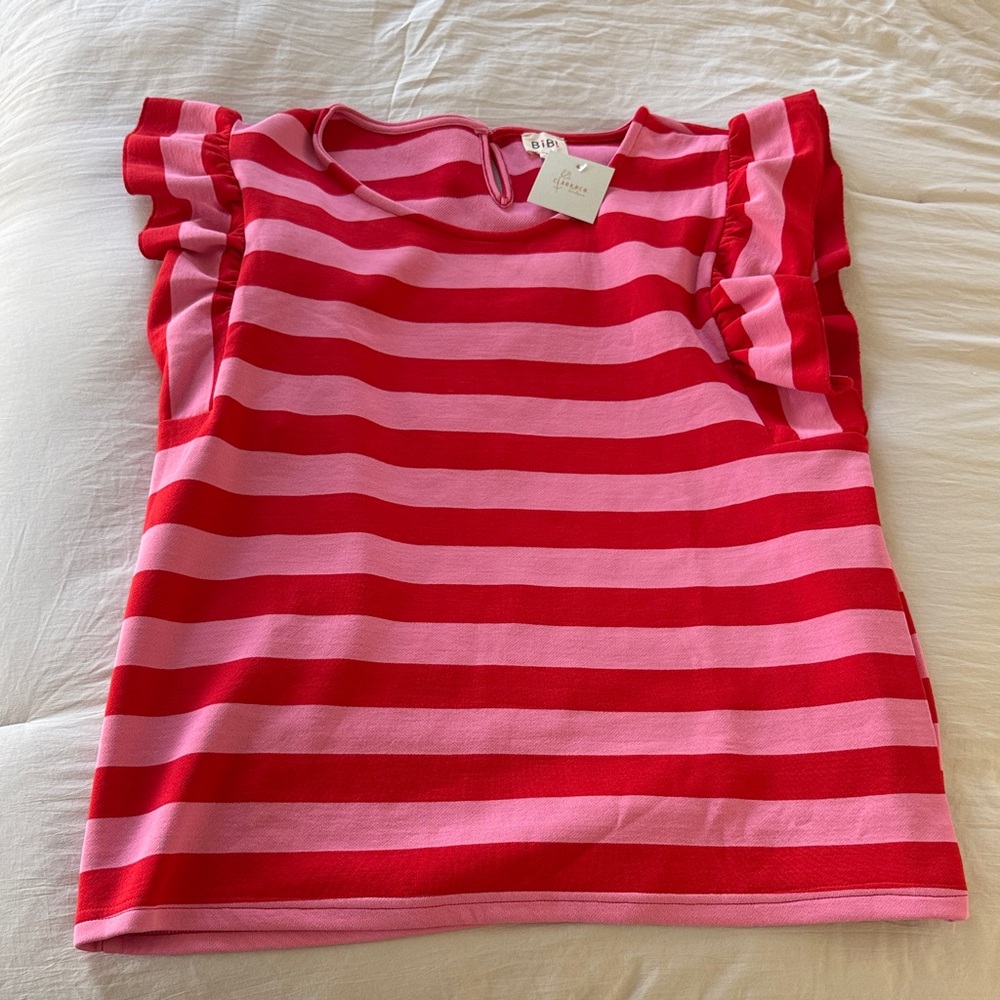 BiBi Pink and Red Striped Ruffle Sleeve Tee